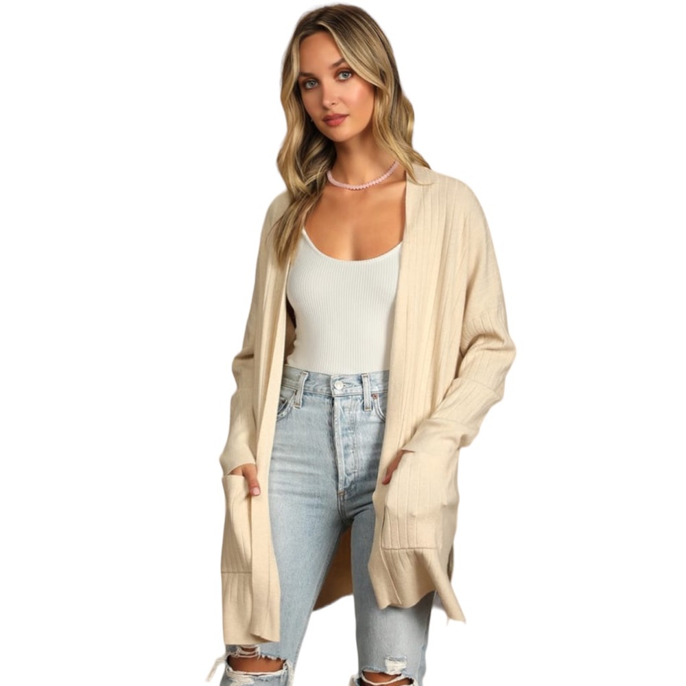 🧹🛍️No Matter the Season Beige Ribbed Knit Cardigan Sweater
